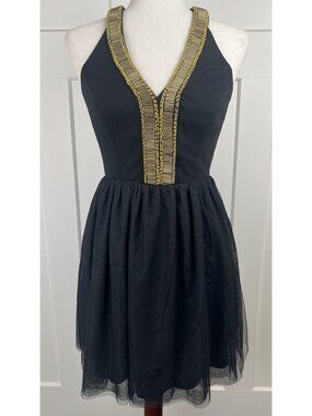 Ark & Co Black Gold Embellished Dress Tulle Skirt Open Back Cocktail Size S NWT